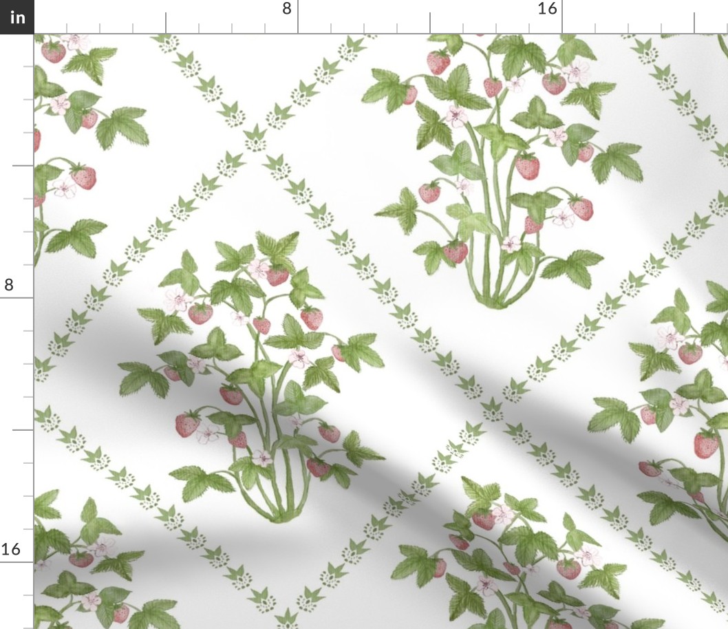 Strawberry Trellis Pink red and Green on White
