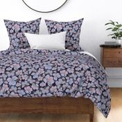 Midnight Blue Blossom Flowers and Majestic Flying Butterflies, Scattered Spring Floral Blooms, Tranquil Butterfly Pattern