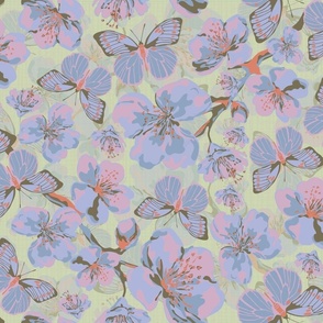 Pretty Blossom Flowers and Majestic Flying Butterflies, Scattered Mauve and Pink Spring Floral Blooms, Tranquil Butterfly Pattern on Light Green