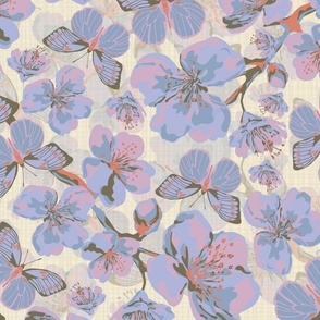 Mauve Pink Blossom Flowers and Majestic Flying Butterflies, Scattered Spring Floral Blooms, Tranquil Butterfly Pattern