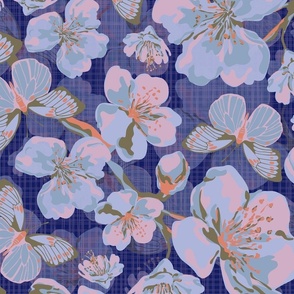 Moody Blue Blossom Flowers with Magical Flying Butterflies, Scattered Evening Floral Blooms, Butterfly Insect Pattern