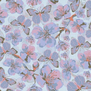Pink and Mauve Blossom Flowers and Sweet Flying Butterflies, Scattered Spring Floral Blooms, Butterfly Pattern on Sky Blue Tones