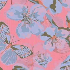 Apple Blossom Flowers and Sweet Flying Butterflies, Scattered Spring Floral Blooms and Butterfly Pattern