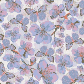 Pink Apple Blossom Flowers and Butterflies, Scattered Spring Floral Blooms, Pretty Flying Butterfy Pattern