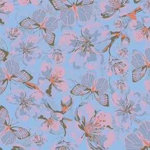 Pink Blossom Flowers and Flying Butterflies, Scattered Spring Floral Blooms, Tranquil Butterfiy Pattern on Blue