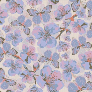 Blossom Flowers and Butterflies, Scattered Spring Floral Blooms, Pretty Flying Butterfly Pattern on Muted Pink Tones