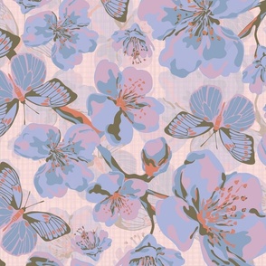 Pink Cherry Blossom Flowers and Butterflies, Scattered Spring Floral Blooms, Pretty Flying Butterfly Pattern