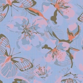 Cheerful  Cherry Blossom Flowers and Butterflies, Spring Floral Blooms, Flying Butterfly Pattern on Muted Blue Pink Tones