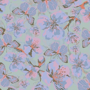Cherry Blossom Flowers and Butterflies, Cheerful Spring Floral Blooms, Flying Butterfly Pattern on Muted Teal