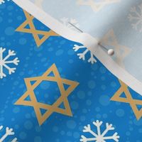 Medium Scale Hanukkah Gold Star of David and Snowflakes on Blue