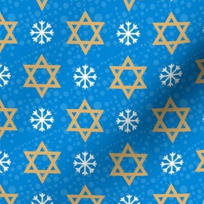 Medium Scale Hanukkah Gold Star of David and Snowflakes on Blue