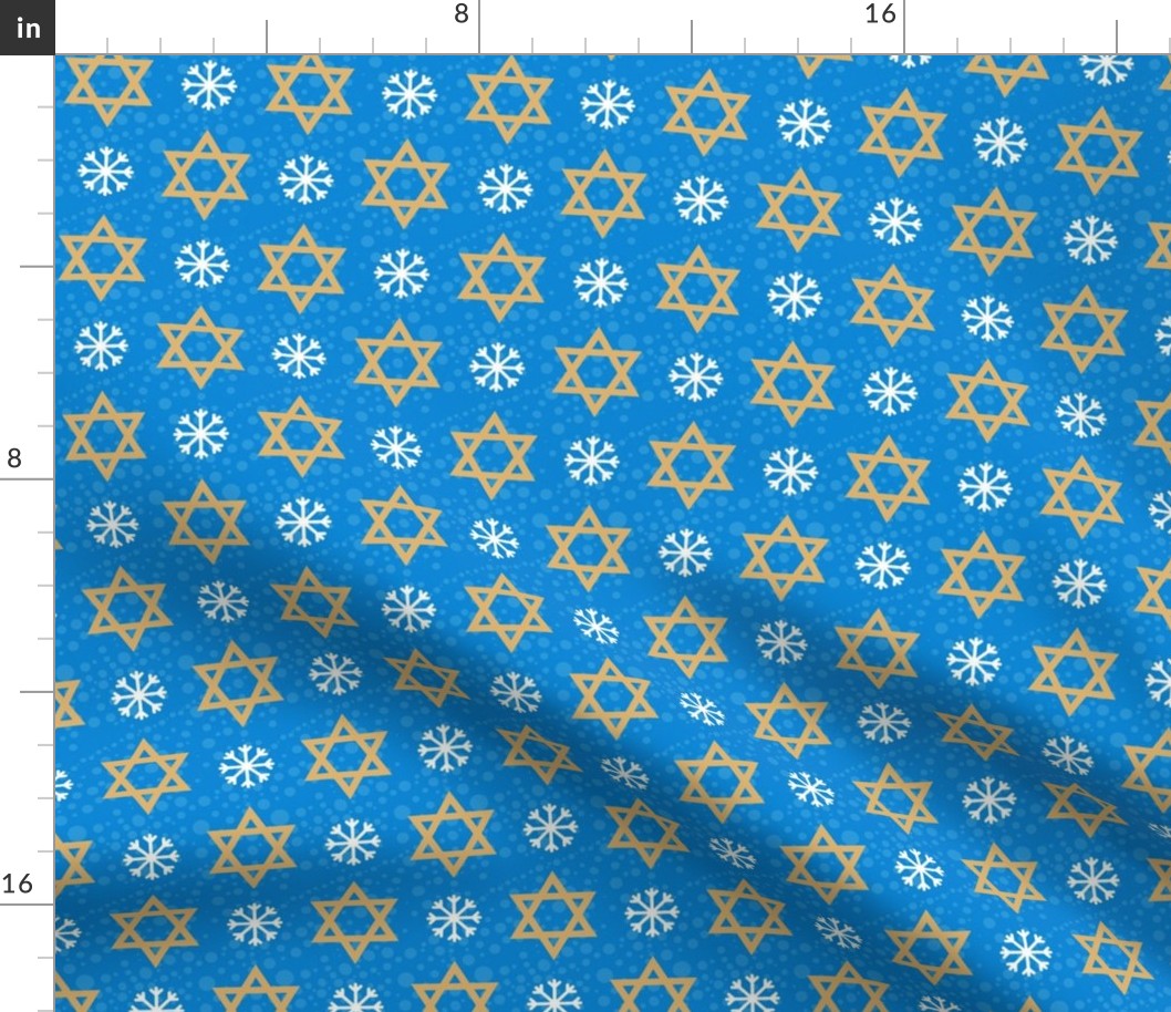 Medium Scale Hanukkah Gold Star of David and Snowflakes on Blue