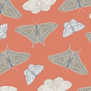 Blue and Green Butterflies on an Orange Background  • Medium Scale