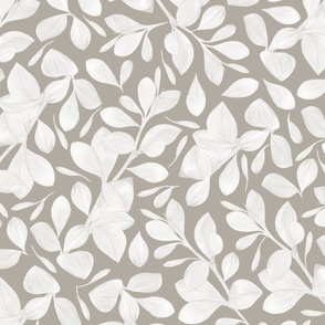 botanical leaves - cloudy silver taupe_ white - neutral organic foliage