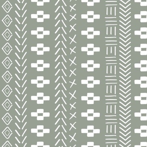 Hand drawn mud cloth vertical aztec stripe - white on sage green
