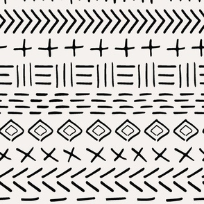 Horizontal mudcloth inspired hand drawn tribal stripe - charcoal on creamy white