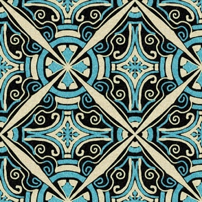 Aged Diagonal Tile, black cream blue, 12 inch
