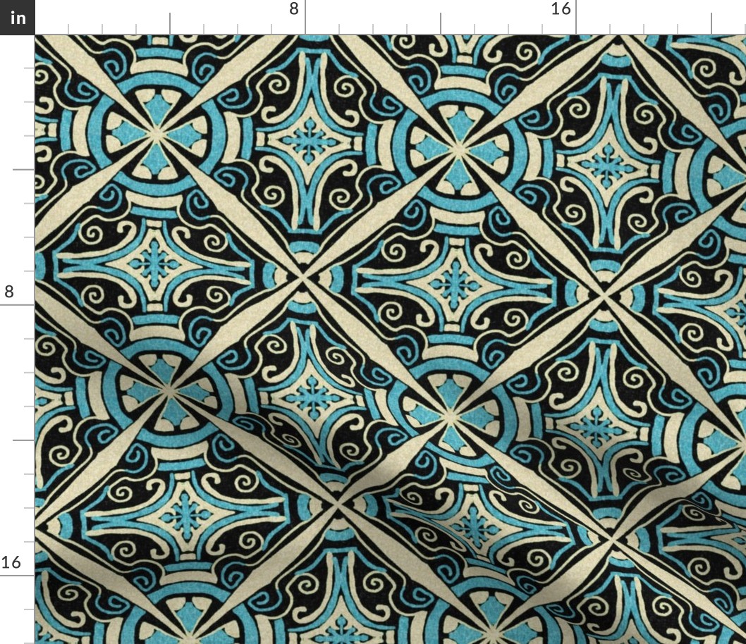 Aged Diagonal Tile, black cream blue, 8 inch