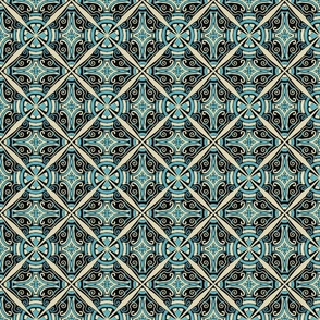 Aged Diagonal Tile, black cream blue, 4 inch