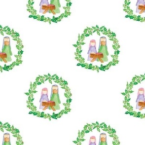 Watercolor Nativity in Holly Wreath Christmas Fabric
