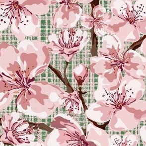 Blossom Flowers, Scattered Pastel Pink Floral Blooms, Botanical Blooms on Pink Green Linen Texture