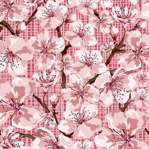 Pink Cherry Blossom Painterly Flower Pattern on Red Pink Linen Texture, Vibrant Summer Bright Scattered Floral Pattern, Hand drawn Botanical Flowers