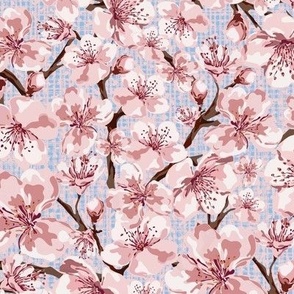 Pink and White Spring Flowers, Pretty Pastel Floral Blooms, Blossom on Pink Blue Linen Texture