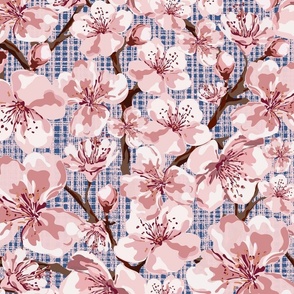 Pink and White Spring Flowers, Pretty Pastel Floral Blooms, Painterly Blossom Tree Floral on Pink Blue Linen Texture