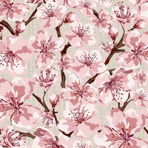 Pink and White Garden Flowers, Pretty Summer Blooms, Floral Blossom on Pastel Green Linen Texture