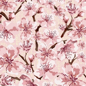 Painterly Pink and White Spring Flowers, Pretty Pastel Summer Blooms, Floral Blossom on Pale Yellow Linen Texture