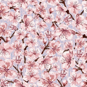 Spring Garden Flowers, Pretty Pastel Pink and White Floral Blooms, Summer Blossom Tree Vibe on Pinky Blue Linen Texture