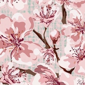 Spring Blossom Flowers, Pretty Pastel Pink and White Floral Blooms, Summer Garden Vibe on Blue Linen Texture