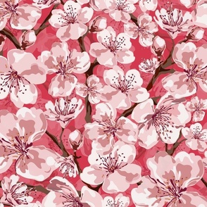 Pink Blossom Flower Spectacle, Vibrant Crimson Red Watercolor Texture, Soft Pastel Pink and White Floral Blooms, Pretty Spring and Summer Garden