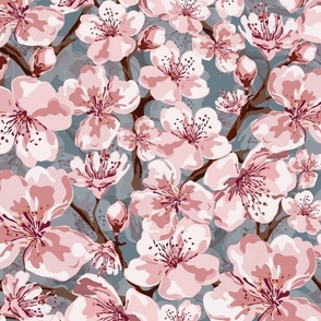Blossom Flowers on Watercolor Gray Texture, Soft Pastel Pink and White Floral Blooms, Pretty Spring and Summer Garden Spectacle