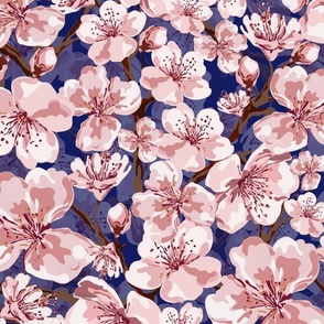 Cherry Blossom Flowers, Moody Watercolor Midnight Blue Texture, Soft Pastel Pink and White Blooms, Springtime and Summer Floral Garden