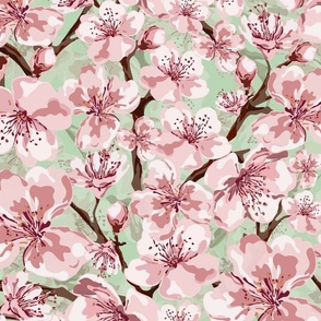 Flowering Blossom Flowers, Spring and Summer Floral Garden, Pink and White Sakura Flower Blooms on Watercolor Green Texture