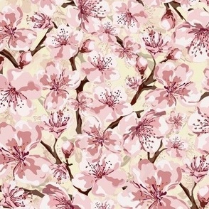 Apple Blossom Flowers, Springtime and Summer Floral Garden, Flowering Pink and White Blooms on Watercolor Lemon Yellow Texture