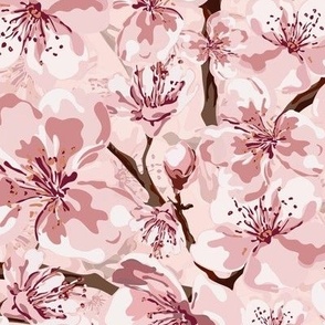 Pretty Pink Blossom Flowers, Spring and Summer Floral Garden Tree Pattern, Flowering Sakura Pink and White Blooms on Pastel Pink