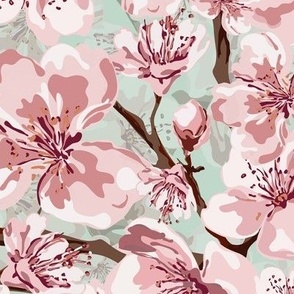 Blossom Flowers, Spring and Summer Floral Garden, Flowering Sakura Pink and White Blooms on Watercolor Blue