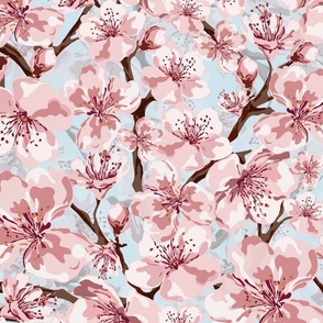 Cherry Blossom Flower Tree, Pretty Spring and Summer Floral, Flowering Pink and White Blooms on Sky Blue