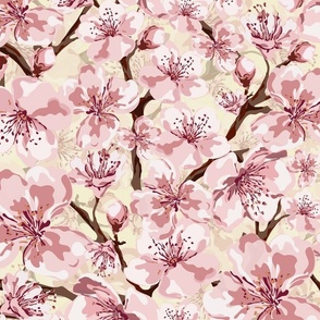 Blossom Floral, Spring Blossom Flowers, Romantic Botanical Pink and White Floral, Mother Natures Scattered Flower Pattern on Soft Pale Yellow