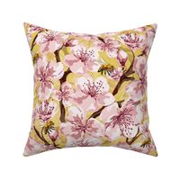 Flowers and Honey Bees, Romantic Botanical Pink and White Floral, Mother Natures Busy Little Pollinators, Scattered Flower Pattern on Lemon Yellow