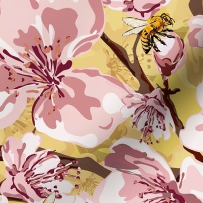 Flowers and Honey Bees, Romantic Botanical Pink and White Floral, Mother Natures Busy Little Pollinators, Scattered Flower Pattern on Lemon Yellow