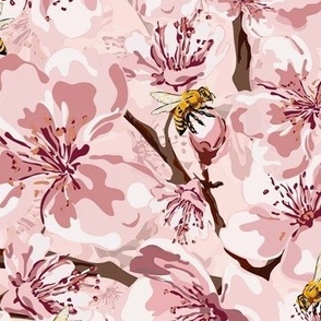 Flowers and Honey Bees, Modern Botanical Pink Floral, Mother Natures Busy Little Pollinators, Scattered Flower Pattern on Pastel Pink