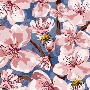 Busy Bees and Cherry Blossom Flowers, White and Pink Spring Floral, Natures Busy Little Pollinators, Scattered Flower Pattern on Pastel Blue