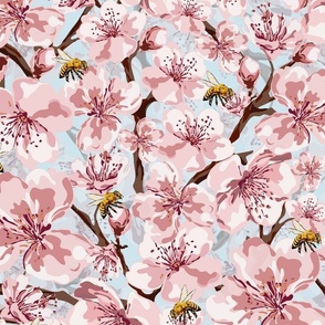 Busy Bees and Cherry Blossom Flowers, White and Pink Spring Floral, Natures Busy Little Pollinators, Scattered Flower Pattern on Pastel Blue