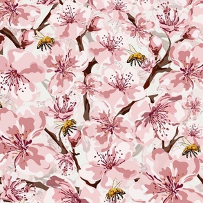 Worker Bees and Pink Blossom Flowers, Cherry and White Spring Floral, Natures Busy Little Pollinators, Scattered Flower Pattern