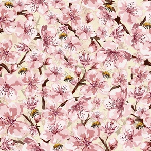 Honey Bee and Pink Blossom Flowers, Cherry and White Spring Floral, Natures Busy Little Pollinators, Scattered Flower Pattern on Natural Cream