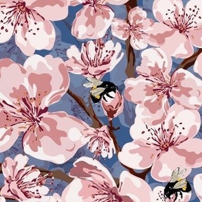 Bumble Bees and Cherry Blossom Flowers, Pink and White Spring Floral, Natures Busy Little Pollinators, Scattered Flower Pattern on Blue