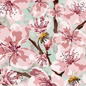 Cherry Blossom Flowers and Honey Bees, Pink and White Spring Floral, Natures Busy Little Pollinators, Scattered Flower Pattern on Minty Blue